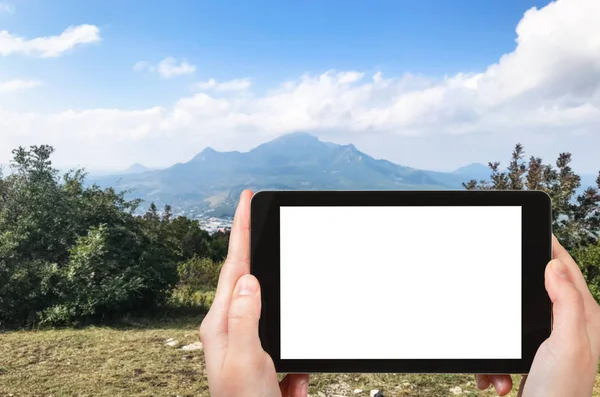 Conceito Viagem Fotografias Turísticas Cinco Topos Monte Beshtau Ponto Vista — Fotografia de Stock