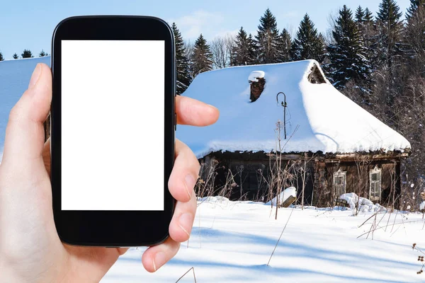 Concepto Viaje Fotografías Turísticas Antiguas Casas Rurales Cubiertas Nieve Borde — Foto de Stock