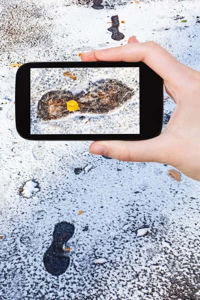 Travel Concept Tourist Photographs Frozen Footprints Wet Road Covered First — Stock Photo, Image