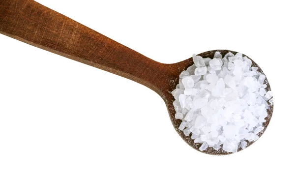 Top view wood spoon with coarse Sea Salt close up — Stock Photo, Image