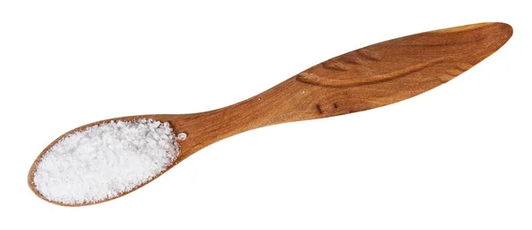 Κάτοψη του ξύλινο κουτάλι αλάτι με άλας βράχου — Φωτογραφία Αρχείου