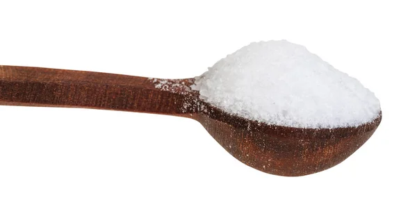 Side view wooden spoon with fine Sea Salt close up — Stock Photo, Image