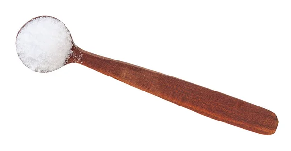 Vista superior de la cuchara de sal de madera con sal marina fina — Foto de Stock