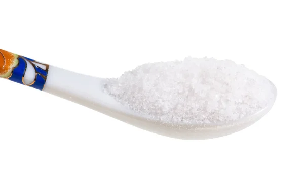 View of chinese spoon with fine Sea Salt close up — Stock Photo, Image
