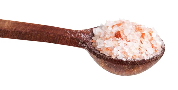 Wooden spoon with pink Himalayan Salt close up — Stock Photo, Image