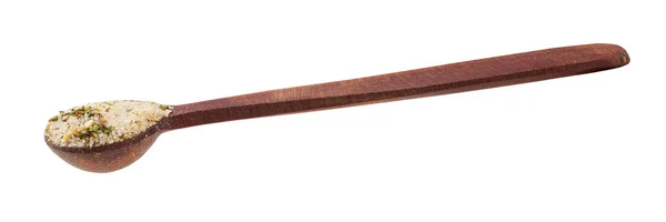 Vista lateral da colher de madeira com sal temperado — Fotografia de Stock