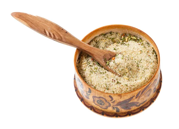 wooden salt cellar with spoon with flavored salt