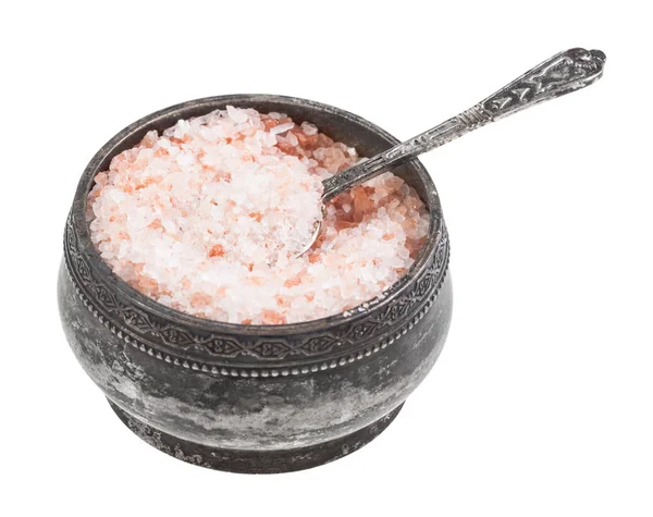 Silver saltkar med sked med Himalaya Salt — Stockfoto