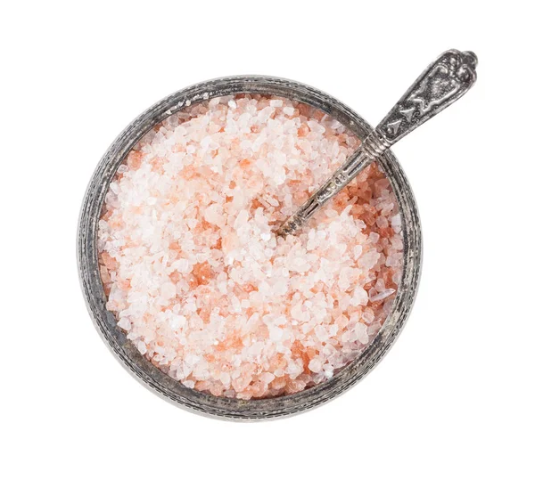 stock image silver salt cellar with spoon with Himalayan Salt