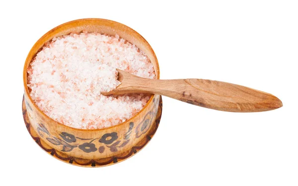 Bodega de sal de madera con cuchara con sal del Himalaya — Foto de Stock