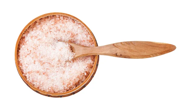 Bodega de sal de madera con cuchara con sal del Himalaya —  Fotos de Stock