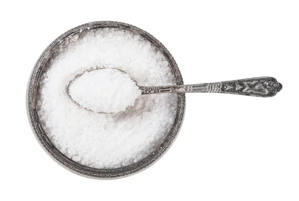 Срібні сіль льох з ложкою, з кам'яної солі — стокове фото