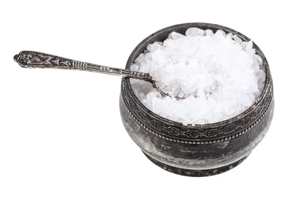 Silver salt cellar with spoon with coarse Sea Salt — Stock Photo, Image