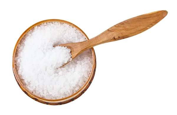 Wooden salt cellar with spoon with coarse Sea Salt — Stock Photo, Image