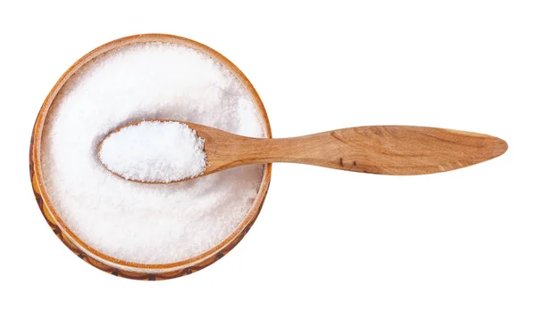 Wooden salt cellar with spoon with fine Sea Salt — Stock Photo, Image