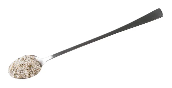 Top view of steel teaspoon with seasoned salt — Stock Image Top view of steel teaspoon with seasoned salt Stock Picture