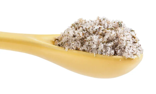 View of ceramic spoon with seasoned salt close up — Stock Image View of ceramic spoon with seasoned salt close up Stock Picture
