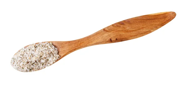 Top view of wooden salt spoon with seasoned salt — Stock Image Top view of wooden salt spoon with seasoned salt Stock Image