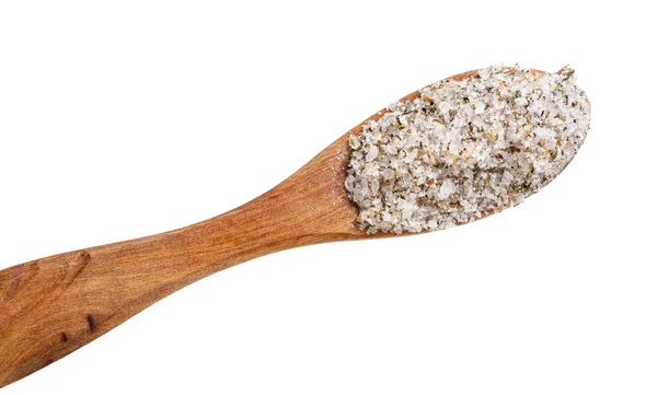 Top view wooden spoon with seasoned salt close up — Stock Image Top view wooden spoon with seasoned salt close up Stock Image