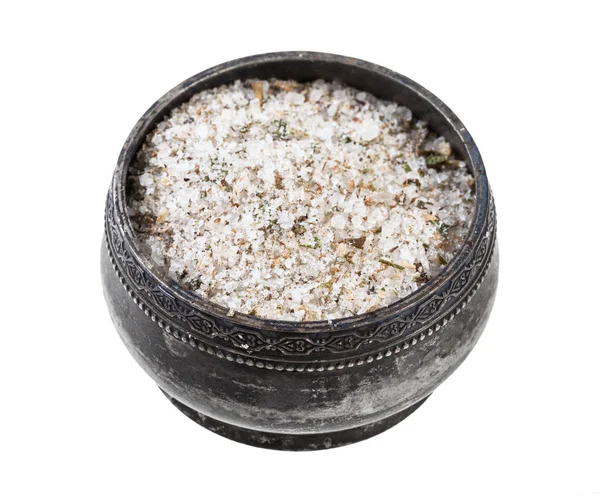 Silver salt cellar with seasoned salt with spices — Stock Image Silver salt cellar with seasoned salt with spices Stock Image