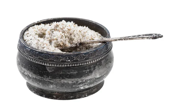 Silver salt cellar with spoon with seasoned salt — Stock Image Silver salt cellar with spoon with seasoned salt Stock Picture