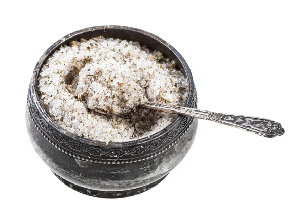 Silver salt cellar with spoon with seasoned salt — Stock Image Silver salt cellar with spoon with seasoned salt Stock Image