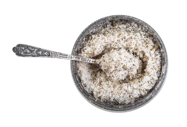 Silver salt cellar with spoon with seasoned salt — Stock Image Silver salt cellar with spoon with seasoned salt Stock Photo