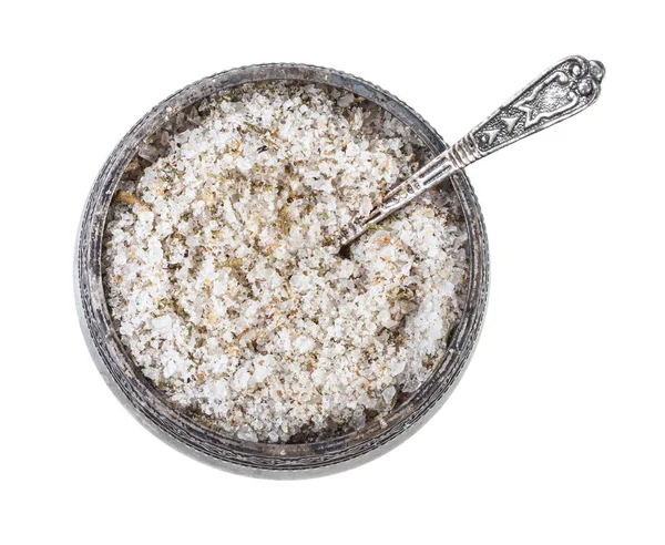 Vintage silver salt cellar with seasoned salt — Stock Image Vintage silver salt cellar with seasoned salt Royalty Free Stock Images