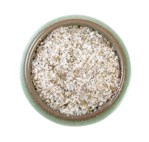 Top view of ceramic salt cellar with seasoned salt — Stock Image Top view of ceramic salt cellar with seasoned salt Royalty Free Stock Images