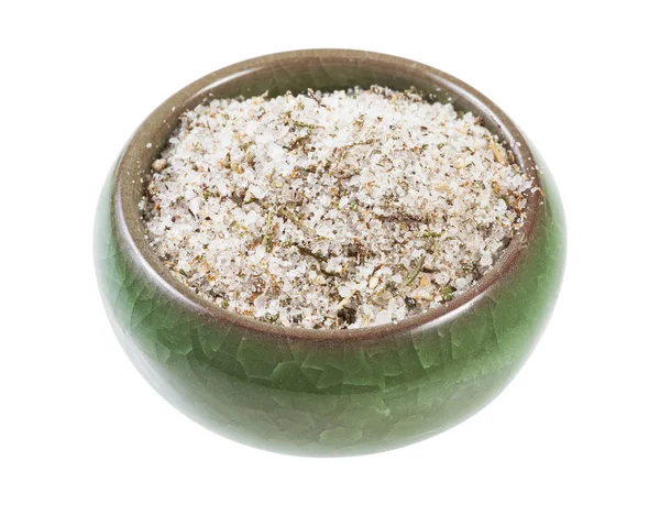 Ceramic salt cellar with seasoned salt with spices — Stock Image Ceramic salt cellar with seasoned salt with spices Stock Photo