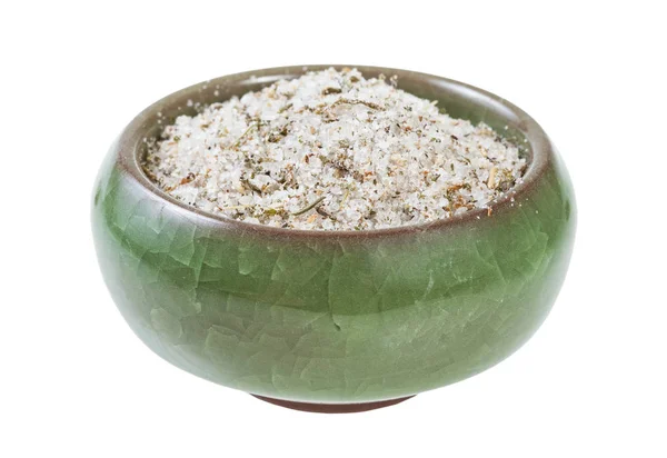 View of ceramic salt cellar with seasoned salt — Stock Image View of ceramic salt cellar with seasoned salt Royalty Free Stock Photos