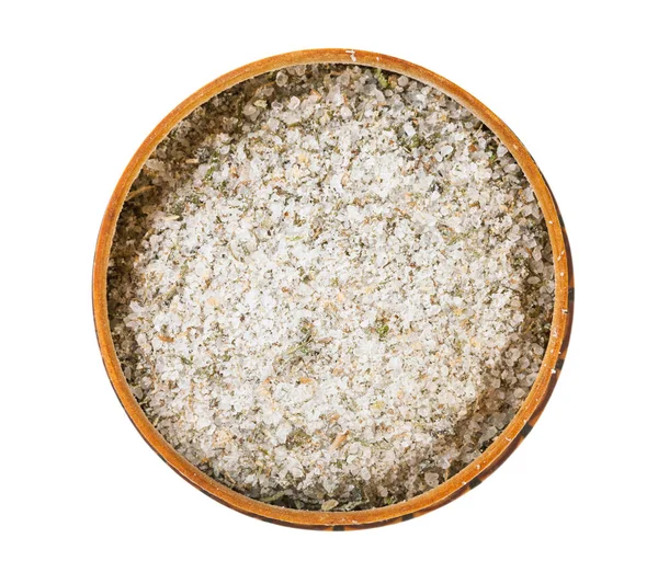 Top view of wooden salt cellar with seasoned salt — Stock Image Top view of wooden salt cellar with seasoned salt Stock Photo