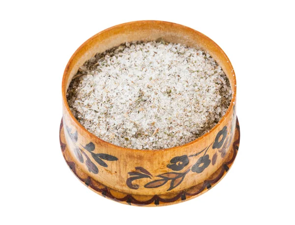 Wooden salt cellar with seasoned salt with spices — Stock Image Wooden salt cellar with seasoned salt with spices Stock Photo