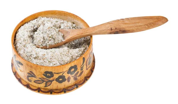 Wooden salt cellar with spoon with seasoned salt — Stock Image Wooden salt cellar with spoon with seasoned salt Stock Picture