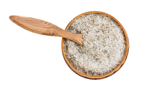 Wooden salt cellar with spoon with seasoned salt — Stock Image Wooden salt cellar with spoon with seasoned salt Stock Picture
