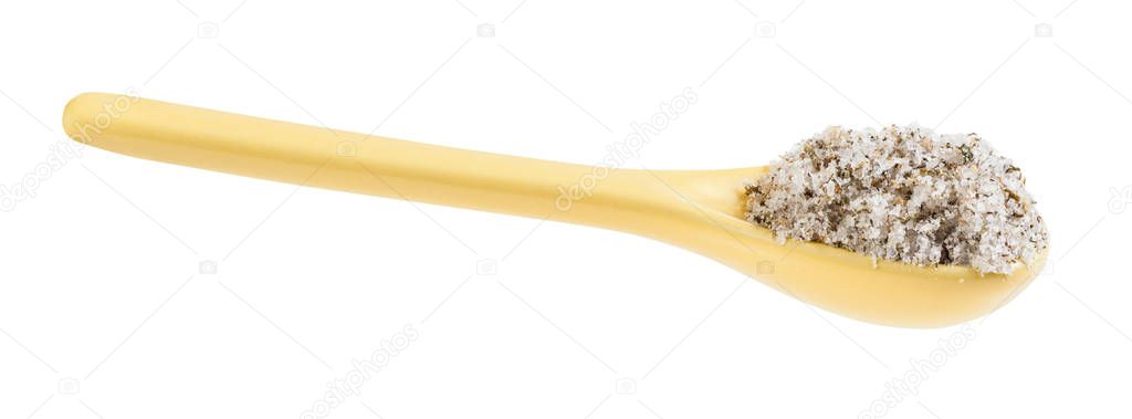 Ceramic spoon with seasoned salt with spices — Stock Image Ceramic spoon with seasoned salt with spices Royalty Free Stock Images