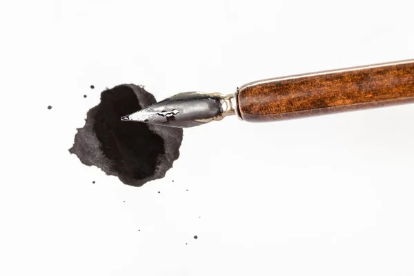 Vista superior de plumín marrón sobre la mancha de tinta negra — Foto de Stock