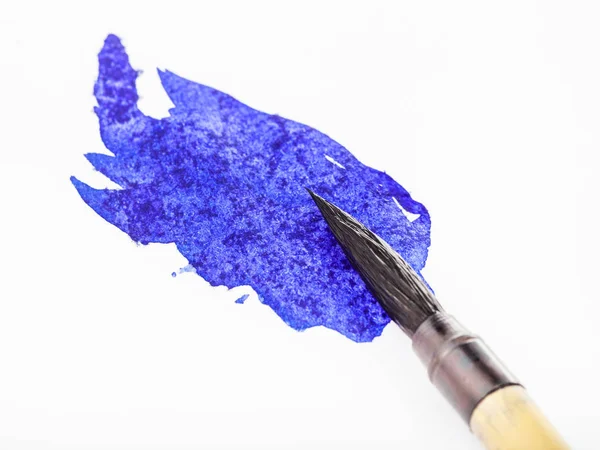 Blauw gekleurde punt van Paintbrush in Blot close-up — Stockfoto