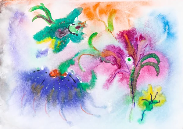 Abstract kleurrijke bloemen op weide door aquarellen — Stockfoto
