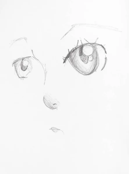 Visage féminin avec de grands yeux dessinés à la main au crayon — Photo