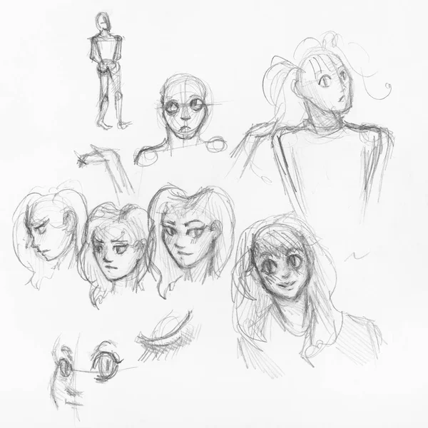 Sketches of various heads and faces of girls — Stock Photo, Image