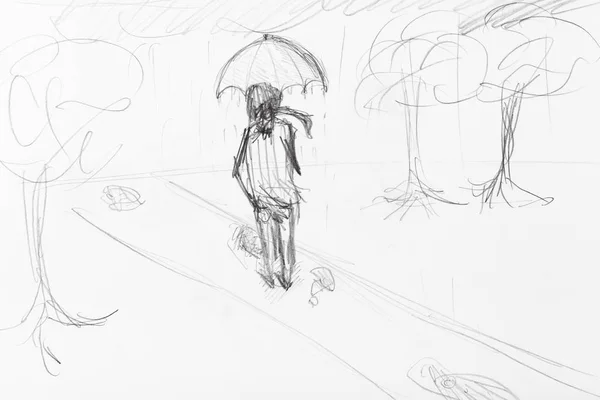 sketch of man under umbrella walking in rain