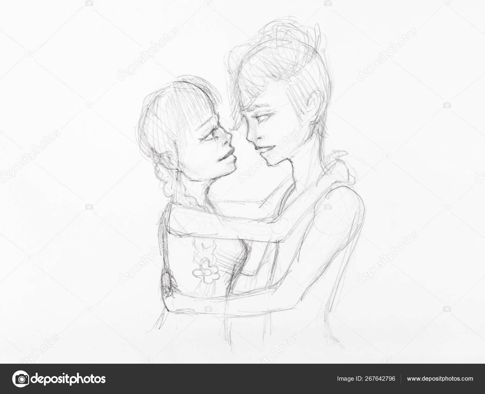 Эскиз Обнятой Пары, Нарисованный Карандашом Стоковая Иллюстрация.