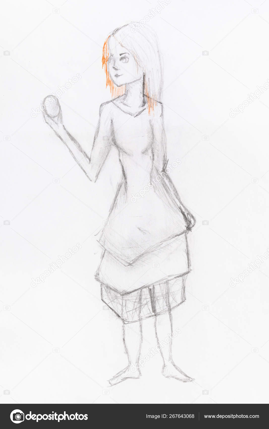 Эскиз Девушки, Смотрящей В Яйце На Протянутой Руке Стоковая.