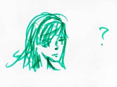 yeşil keçe kalem ile düşünceli kız başının kroki