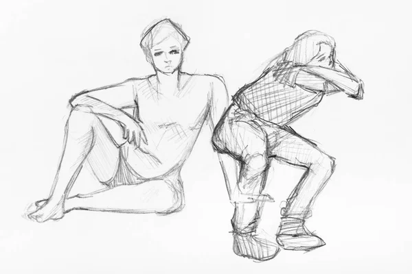 Sketch of human sit and sit down motions by pencil — Stock Photo, Image