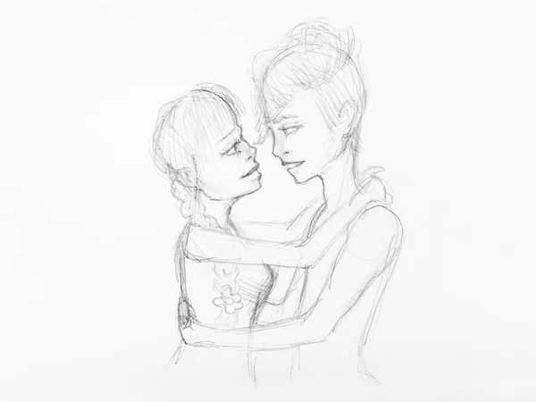 Esboço de mão casal abraçado desenhado por lápis — Fotografia de Stock