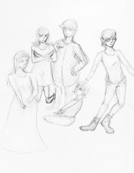 Sketch of group of teenagers hand drawn by pencil — Stock Photo, Image