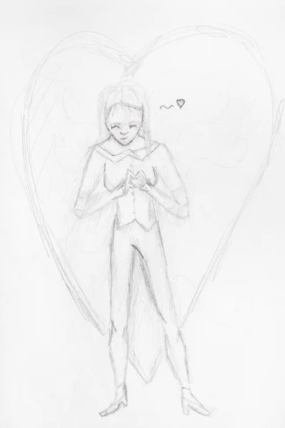 Sketch of enamored girl and large heart — Stock Photo, Image