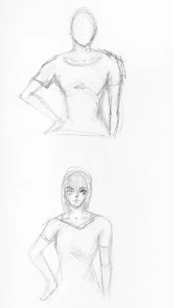 Sketches of girl holding hands on waist by pencil — Stock Photo, Image
